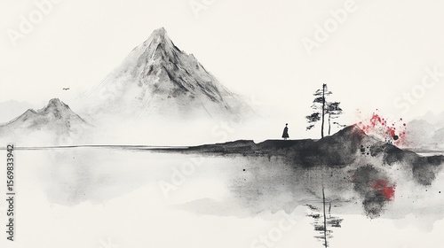 A Japanese ink wash with minimalist watercolor aesthetics.