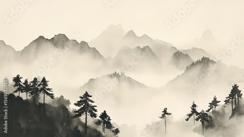 A Japanese ink wash with minimalist watercolor aesthetics.