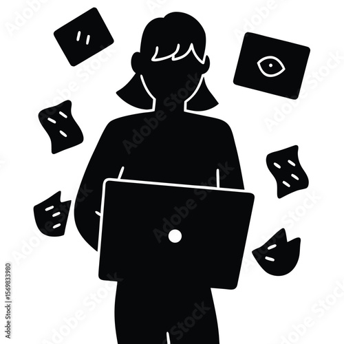 Silhouette of Woman Using Laptop Surrounded by Floating Icons Representing Information Overload and Digital Multitasking in a Modern Style