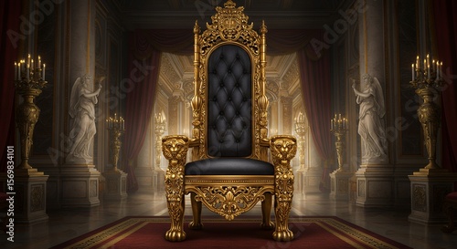 Golden throne with lion head in luxurious room