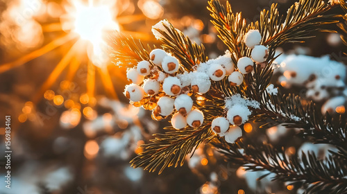 closeup of snow covered evergreen branch in forest