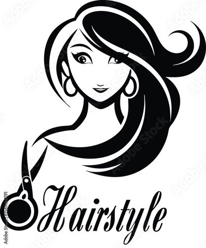 Woman with flowing hair and scissors beauty salon