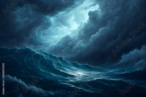Dramatic ocean storm with turbulent waves and moody sky.