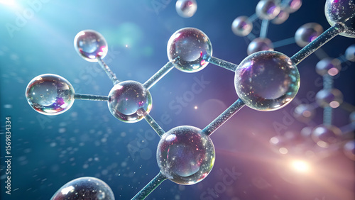 Abstract molecular structure with glowing spheres and connecting rods on a blue background.