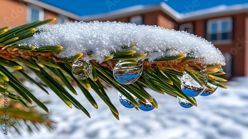 closeup of snow covered evergreen branch in forest