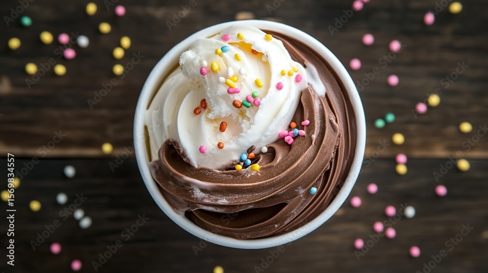 Fototapeta premium A top-down view of vanilla and chocolate soft-serve ice cream with sprinkles.