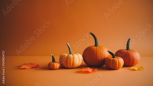 Minimalist photograph featuring a warm, orange background, there are four small pumpkins with green stems, and a few scattered autumn leaves in shades of orange and yellow