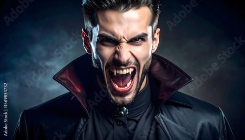 A menacing male vampire with sharp fangs and a dramatic black-collared cloak snarls intensely against a smoky, dark background, perfect for Halloween horror