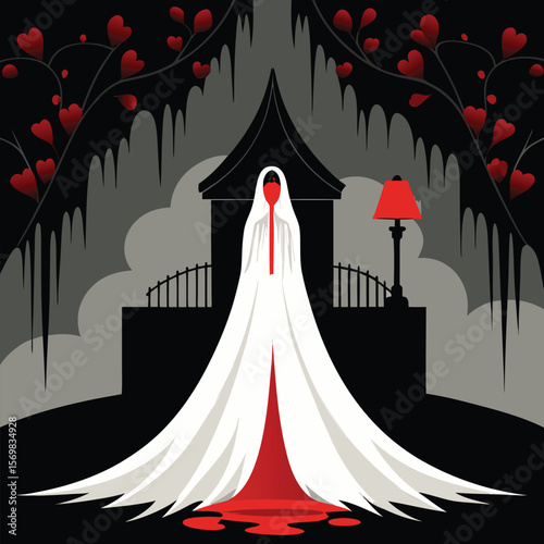 Gothic romance figure draped in white with red accents