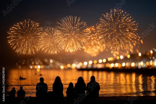 Silhouetted figures enjoying a fireworks display on the beach.