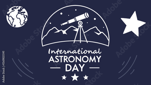 International Astronomy Day:  Celestial Telescope Silhouette Against Mountain Range, Starry Night Sky, Earth Globe, Minimalist Line Art Design, Dark Blue Background, Celebratory Mood.