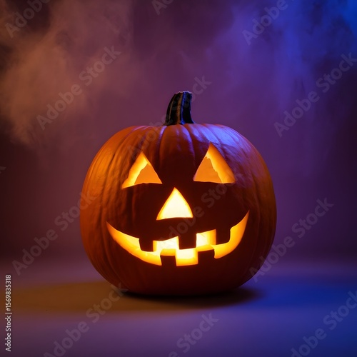 A photo of a carved jack-o'-lantern with a triangular nose, triangular eyes, and a wide, toothy smile.