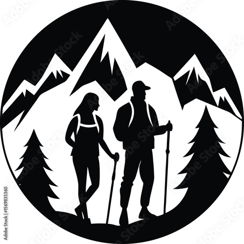 Hiking couple with mountain background vector silhouette  