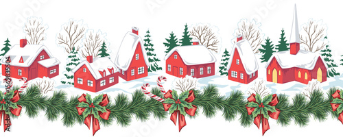 Christmas landscape, fir tree, church, house, snow, fir garland, candy cane, mistletoe seamless border. Winter village holiday mural.
