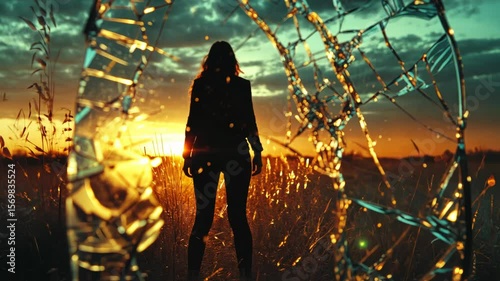 Silhouette of a person seen through shattered glass at sunset