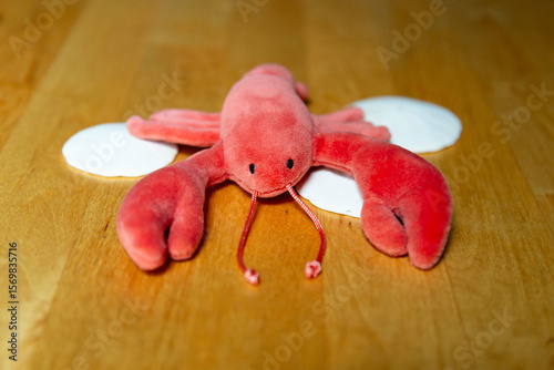 Selective focus frontal view of plush toy lobster laying down on sand dollars and wooden background