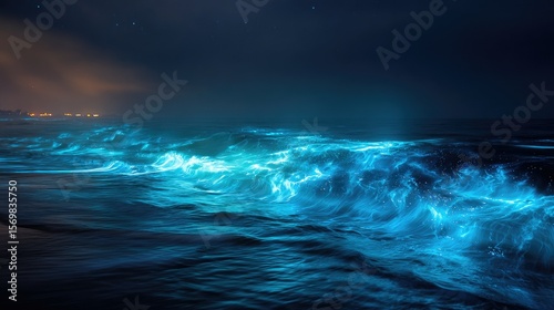 Night beach waves glowing turquoise