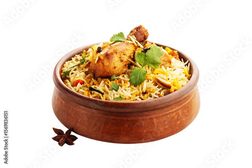 Delicious chicken biryani in clay bowl isolated