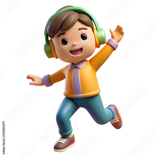 A cartoon boy with headphones is dancing isolated on transparent background