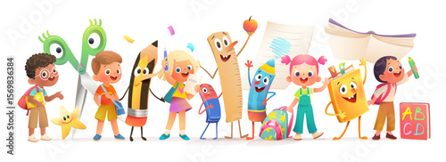 Back to school elementary or kindergarten kids characters group with funny animated cartoon school supplies like pencil pen ruler and eraser. Vibrant vector illustration for children school education