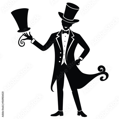 Stylized Silhouette of a Magician in a Tuxedo Tipping His Hat with a Swirling Design Accentuating his Formal Attire