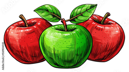 sketch of red and green apples on a clean white background vector perfect for food illustrations, botanical art, vintage packaging, healthy eating visuals, and organic produce designs
