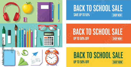 Back to school sale banner with school supplies and discount offers for students and parents online shop
