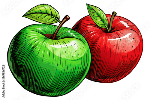 sketch of red and green apples on a clean white background vector perfect for food illustrations, botanical art, vintage packaging, healthy eating visuals, and organic produce designs