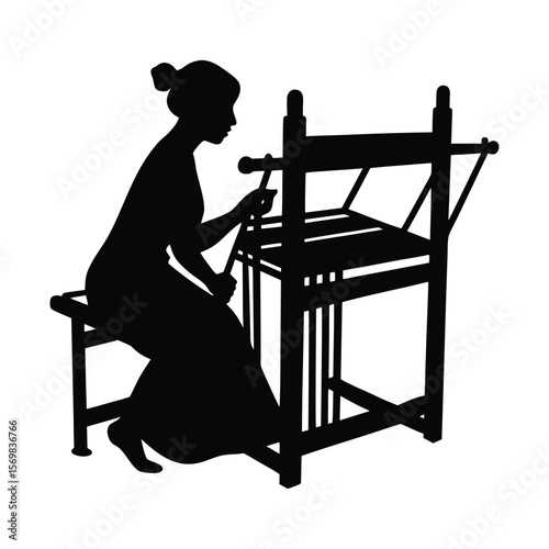 Textile Weaving on Loom Silhouette Vector Illustration