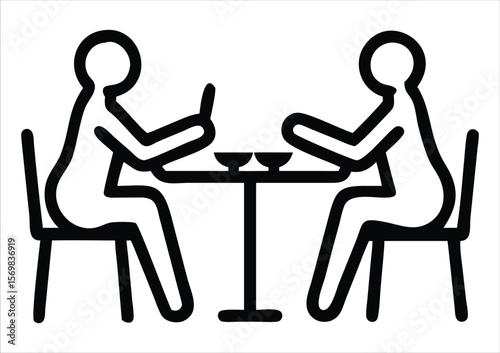 Two simple black figures sit opposite each other at a small round table, suggesting a meal or conversation.