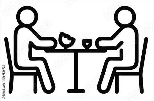 Simple black and white line art icon of two people sitting at a table with food and drinks, representing a meal or social gathering.
