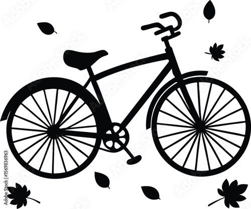 Old bicycle with leaves on ground vector silhouette  