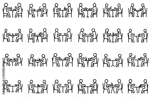 A collection of simple black and white line art icons depicting people sitting at tables eating drinking and interacting in various scenarios suggesting dining or social gatherings