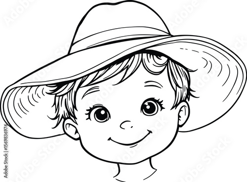 Sunny Style — Silhouette Line Drawing of Smiling Child with Large Sun Hat, Short Hair, and Expressive Eyes