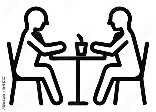 Two people sitting at a table with a drink between them depicted in a simple modern black and white line art style representing conversation or a meeting