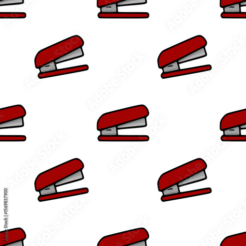 Seamless vector pattern of red office staplers, a playful design featuring repeating burgundy and gray stationery elements on a white background, ideal for office-themed projects.