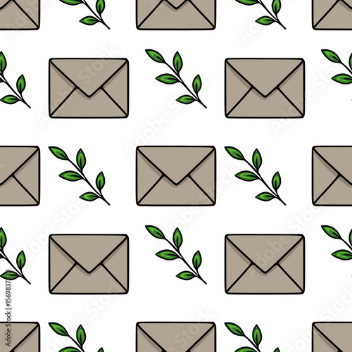 Seamless vector pattern featuring hand-drawn taupe envelopes and stylized green sprigs, creating a minimalist and elegant design ideal for stationery or website backgrounds.