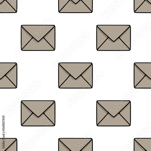 Seamless vector pattern of hand-drawn taupe envelopes with black outlines, ideal for stationery or email-related designs.