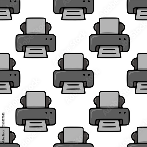 Seamless vector pattern of stylized grey printers, ideal for office-themed designs, featuring a playful cartoonish style and repeating print motif.