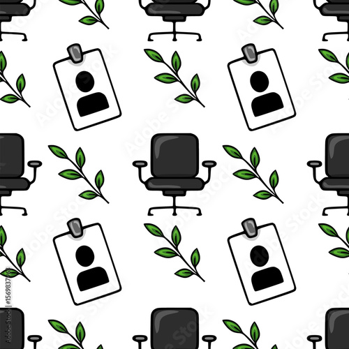 Seamless vector pattern featuring office chairs, employee ID cards, and green leaves, creating a modern and minimalist office design.