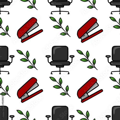 Seamless vector pattern featuring red staplers, black office chairs, and green leaves, creating a cheerful and organized office-themed design.