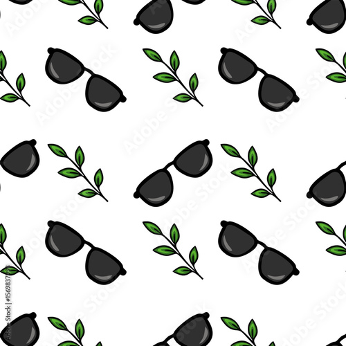 Seamless vector pattern featuring stylish black sunglasses and vibrant green leaves, creating a summery and trendy design ideal for fashion or travel-themed projects.