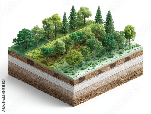 Technical schematic of forest regrowth on former agricultural land showing soil nutrient layers, sapling stages, and biodiversity zones in the context of verdant