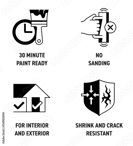 Spackling icons set - 30 minute ready, No sanding, interior exterior, Shrink, Crack Resistant