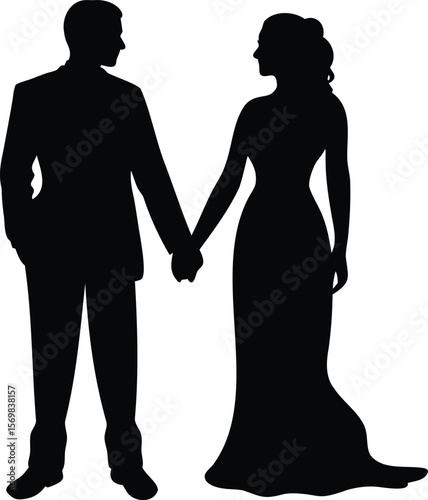 Silhouette of bride and groom holding hands in wedding attire Vector illustration