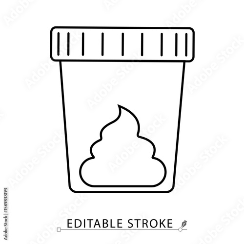 A stool test container icon in minimalist style with editable stroke. Medical sample jar, lab specimen, fecal analysis, diagnostic tool, health check, clinical testing, outline vector illustration.
