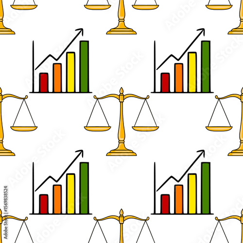 Seamless vector pattern featuring golden scales of justice and a vibrant bar graph illustrating upward financial growth, symbolizing balanced prosperity and legal success.