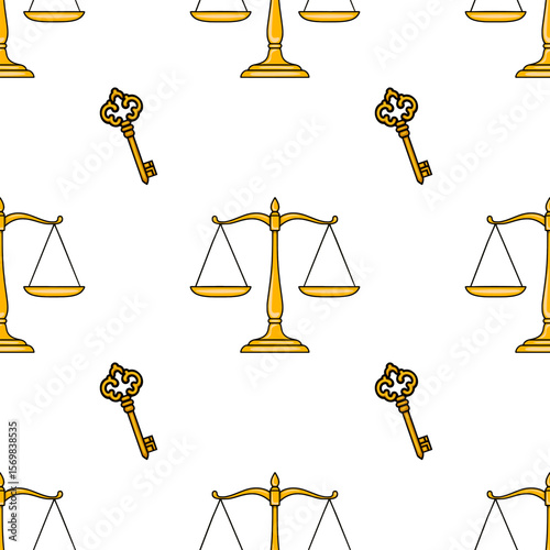 Seamless vector pattern featuring golden scales of justice and ornate keys, a symbolic design for legal or justice-themed projects.