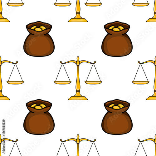Seamless vector pattern featuring golden scales of justice and brown sacks of gold coins, illustrating a concept of legal wealth and balance.