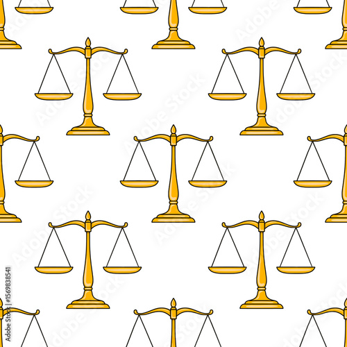 Seamless vector pattern of golden scales of justice, symbolizing law, balance, and fairness, ideal for legal or judicial themed designs.